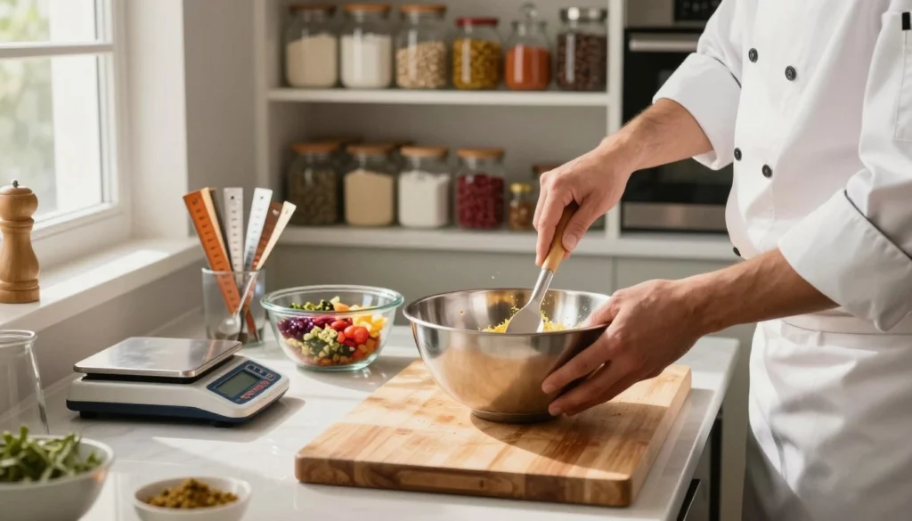 A beautifully arranged kitchen countertop showcases various precise baking techniques. In the foreground, a polished wooden cutting board holds a shiny stainless steel mixing bowl with ingredients being vigorously stirred by a professional baker in a white chef's coat. The middle layer features an array of measuring tools, including a digital scale and measuring cups, alongside a glass container filled with vibrant ingredients ready for emulsification. The background displays a well-organized pantry with jars of flour, sugar, and colorful spices, illuminated by warm, natural light filtering through a nearby window. The scene exudes a sense of meticulous precision and culinary artistry, inviting the viewer into the world of professional baking. The image captures a moment of focus and dedication, emphasizing the importance of technique in achieving flawless results.